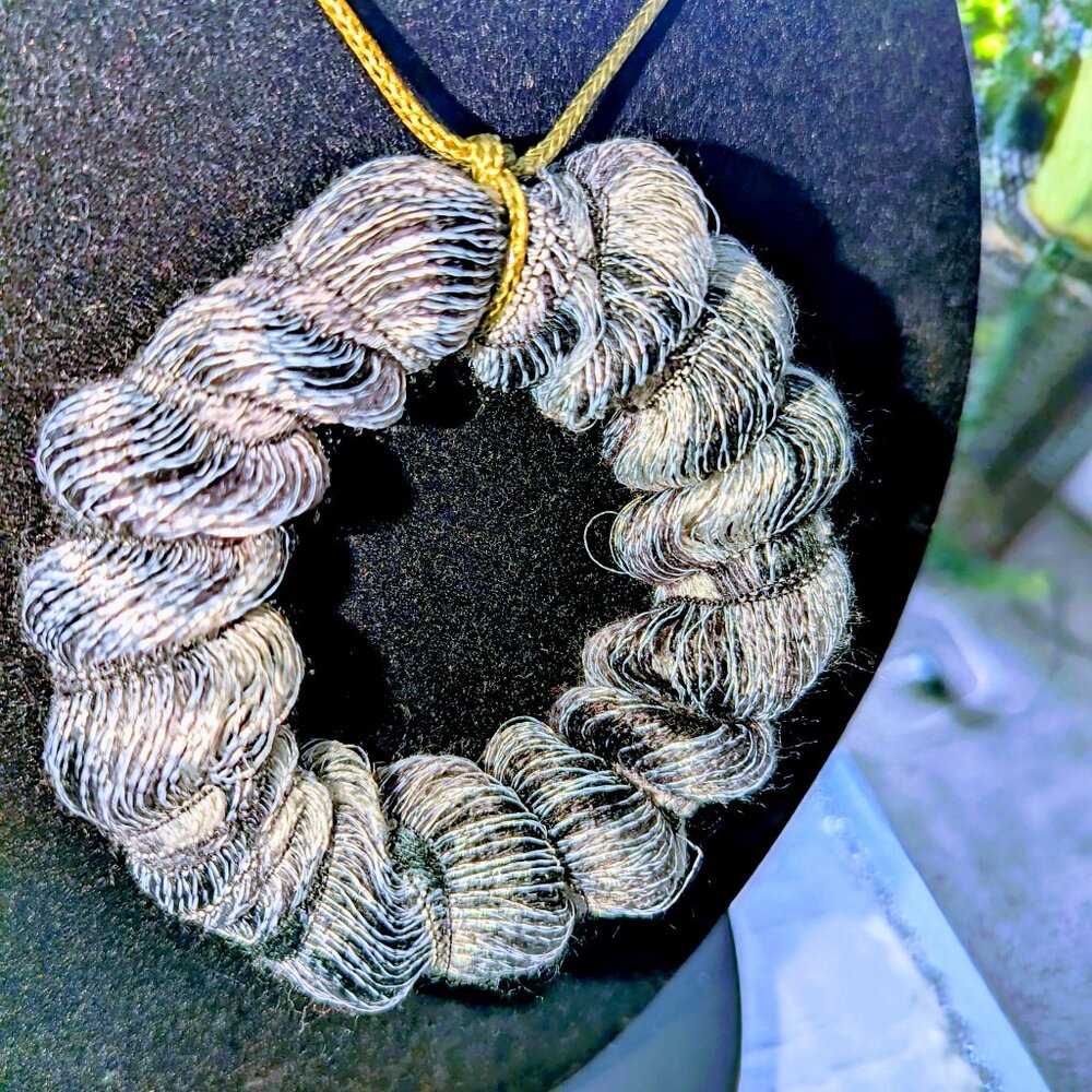 New fabric round pendant necklace on a cloth ribbon with chain